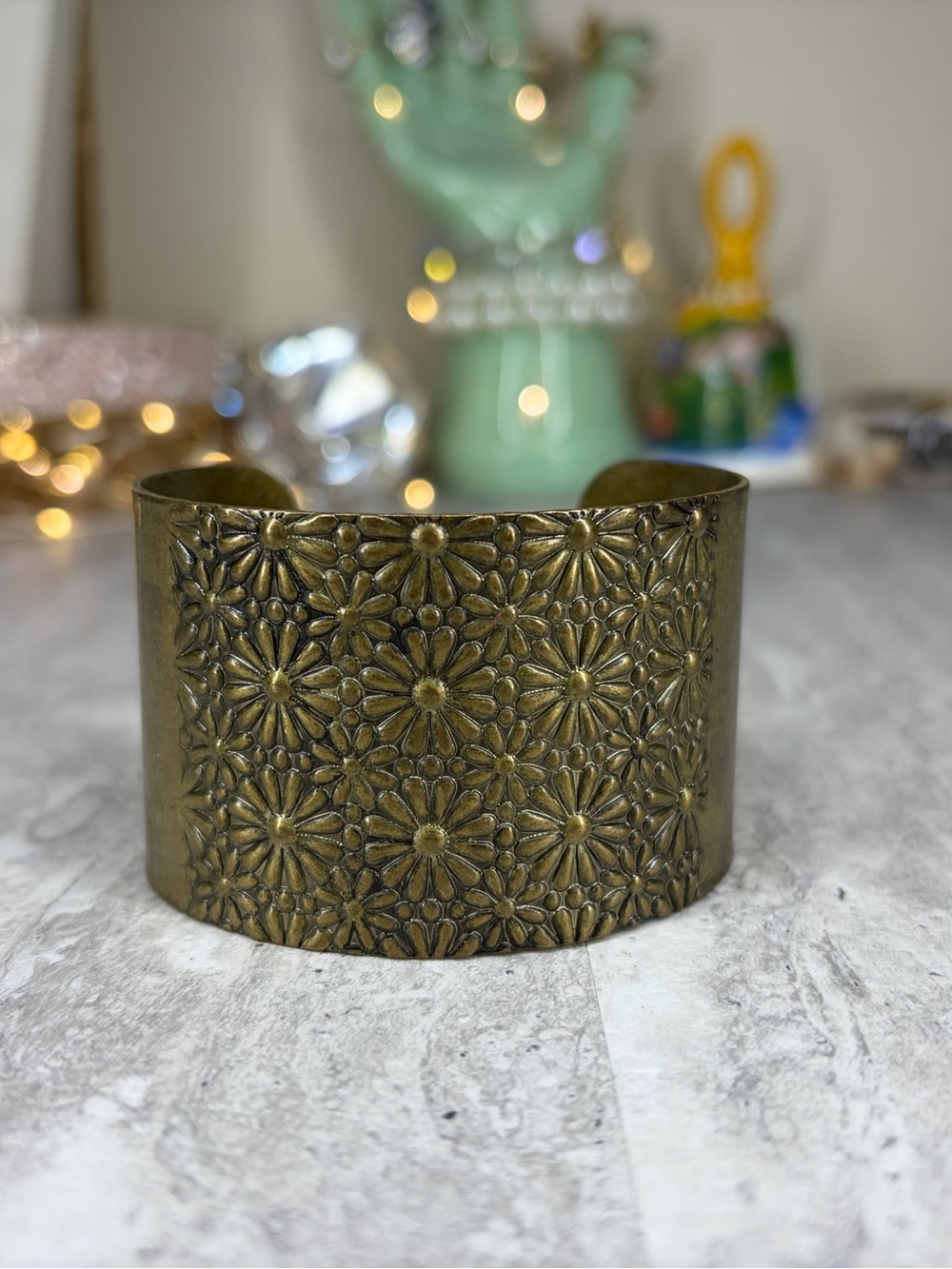 Vintage Brass Cuff Bracelet Daisy Flowers Floral Jewelry Boho Chunky Festival